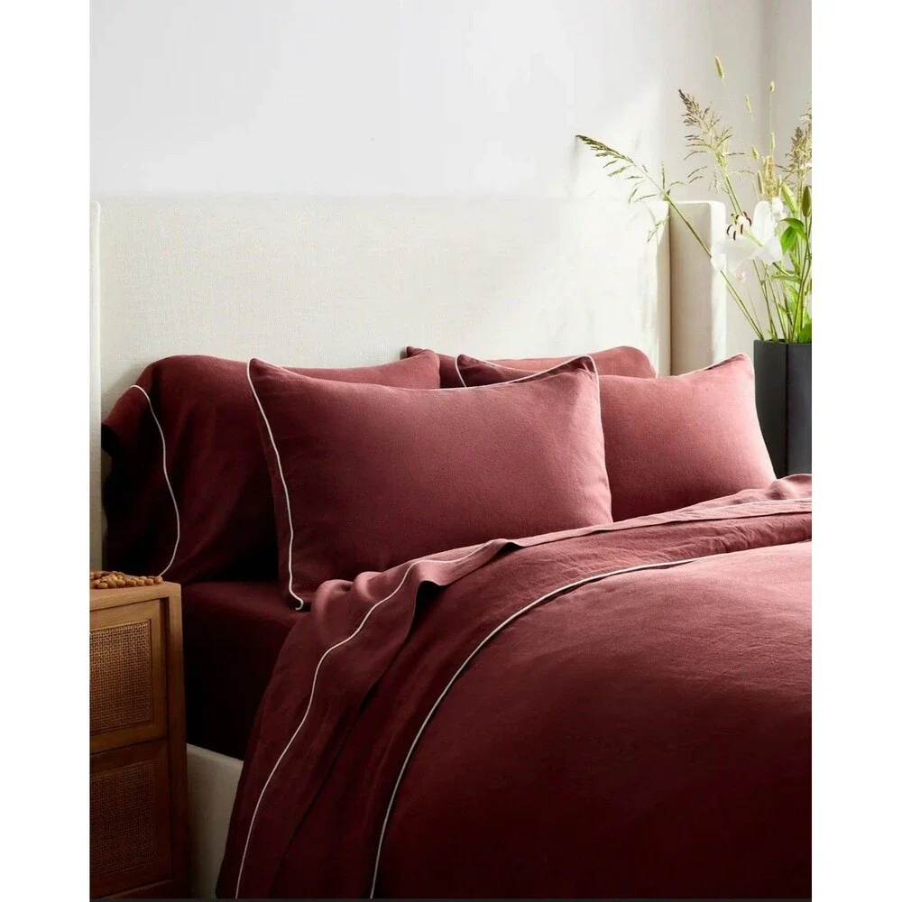Quince European Linen Piped Duvet Cover Set Full Queen Burgundy White NWT $184